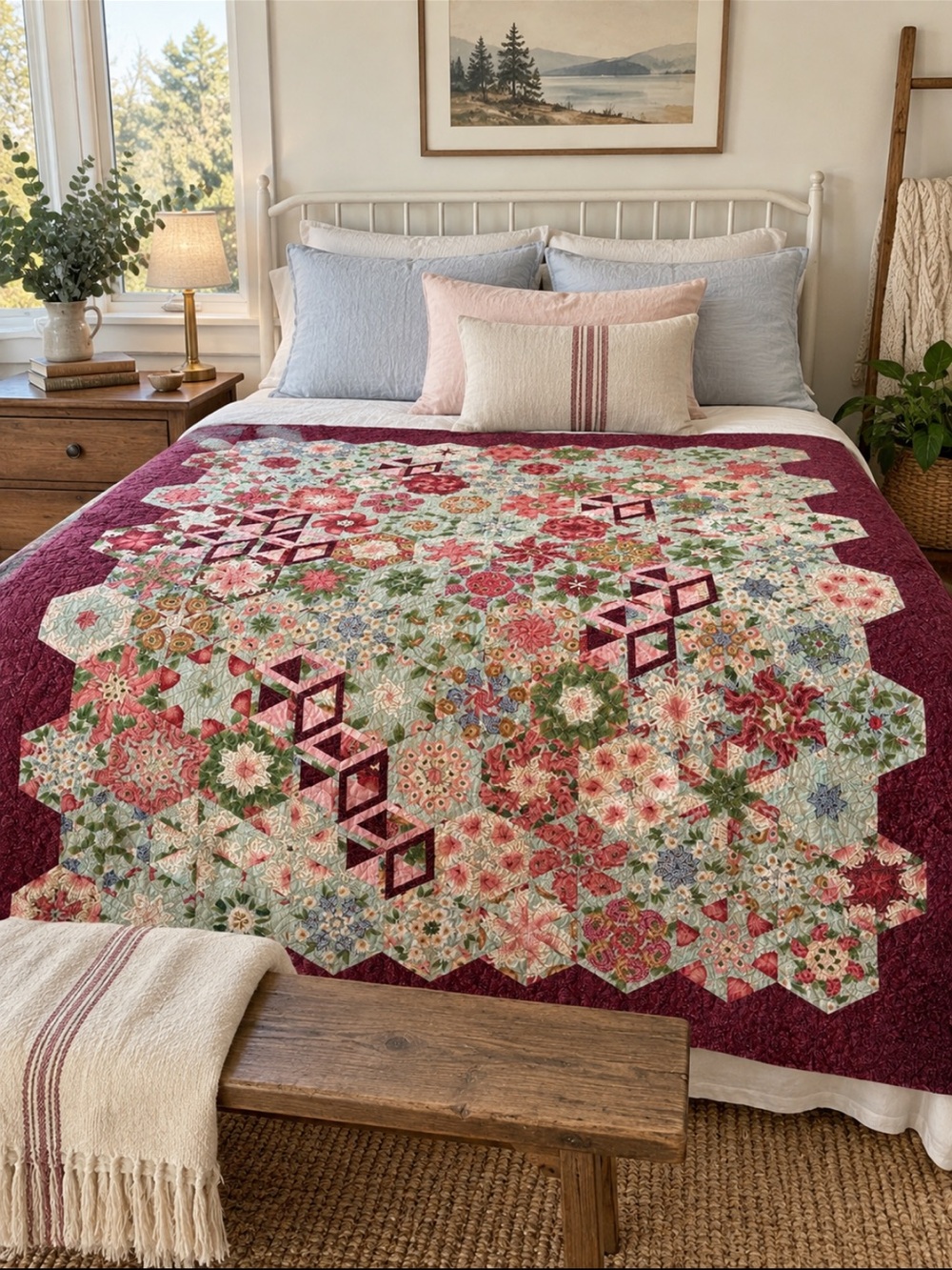 Handmade Floral Hexagon Quilt - Burgundy Border, Multicolor Center